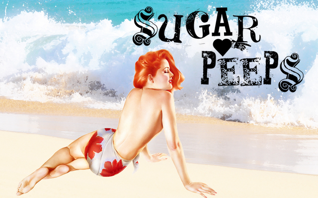 photo of a vintage pinup at the beach and the Sugar Peeps sugar hair removal logo