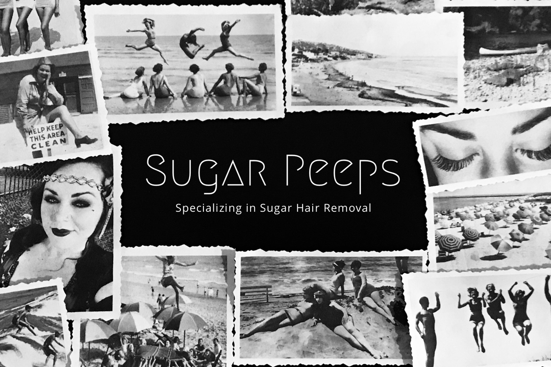 Sugar Peeps specializing in sugar hair removal and a collage of vintage black and white beach photos and a photo of Genevieve